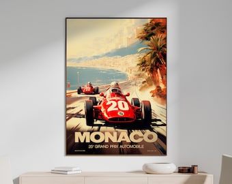 May include: Vintage style poster featuring a red race car speeding down a winding road with a view of the city of Monaco in the background. The poster reads "Monaco 25th Grand Prix Automobile".