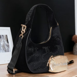 JUICY COUTURE - Brand New With Label Tag - BLACK - Vintage Hobo Handbag With Golden Wallet + Black Protective Bag