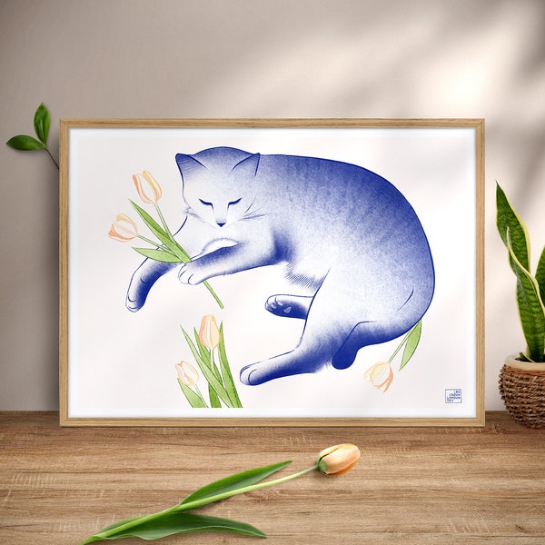Impression d'art d'une illustration d'un chat avec des tulipes
