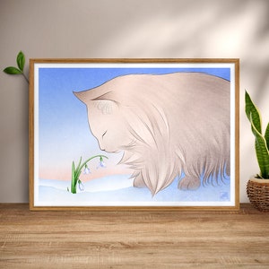 Illustration Chat Gris et Perce-Neige, Tirage d'Art Félin et Fleur Blanche en Hiver, Affiche Poétique à Encadrer, Impression Haute Qualité