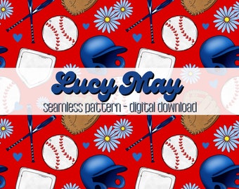 Red Baseball Seamless Pattern: Floral Sports Design (Digital Download)