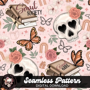 May include: A seamless pattern featuring a pink background with a skull, butterflies, roses, books, and rainbows. The books have the text "Smut Society" and "Good Girl" on them.