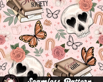 Boho Floral Skull Seamless Pattern: Edgy Romance Fabric Design (Digital Download)