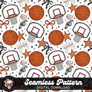 May include: Seamless pattern featuring basketballs, hoops, stars, bows, and whistles on a white background. The basketballs are brown, the stars are orange, and the bows are tan and black. The text "Seamless Pattern" and "Digital Download" are also included.