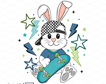 Conejo de Pascua para niño PNG, Gráfico de Pascua para niños de moda, Patineta, Gorra a cuadros (Descarga digital)