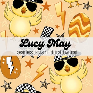 Puede incluir: Un patrón sin costuras con pollitos amarillos que llevan gafas de sol y gorras de béisbol, junto con rayos, estrellas y huevos ondulados. El texto "Lucy May seamless pattern - digital download" está en la parte inferior de la imagen.