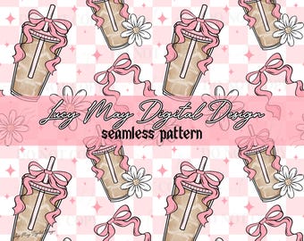 Iced Coffee Seamless Pattern: Pink Bow, Checker Print (Digital Download)