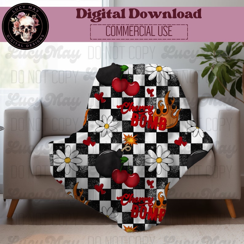 Cherry Bomb Seamless Pattern, Checker Print, Cherries, Flames, Edgy ...