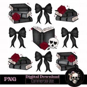 Könnte beinhalten: Ein Satz digitaler Illustrationen mit schwarzen Büchern, roten Rosen und schwarzen Schleifen. Die Bücher sind gestapelt und einige haben ein Schädel- und Rosenmotiv. Der Text "Digitaler Download Kommerzielle Nutzung" befindet sich am unteren Rand des Bildes.