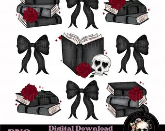 Dark Coquette Book Design: Skellie, Roses, Bows PNG (Digital Download)