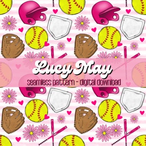 May include: A seamless pattern featuring pink and white stripes, pink hearts, pink flowers, brown baseball gloves, white baseballs with red stitching, pink baseball helmets, white baseball home plates, and brown baseball bats. The text "Lucy May seamless pattern - digital download" is at the bottom of the pattern.