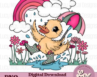 Duck Spring Flowers PNG, Rainbow, Rain Boots (Digital Download)