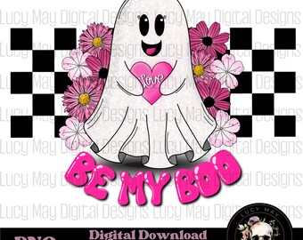 Spooky Valentines Ghost PNG: Floral Retro Checkerboard (Digital Download)
