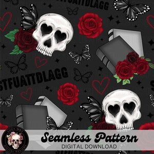 May include: A seamless pattern featuring a skull with heart-shaped eyes, butterflies, roses, books, and the text "STFUATTDLAGG". The pattern is on a black background with white stars.