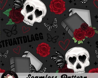 Skull & Roses Seamless Pattern: Edgy Dark Romance Fabric Design (Digital Download)