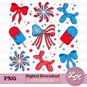 Puede incluir: Una descarga digital con gráficos patrióticos. Incluye lazos rojos, blancos y azules, fuegos artificiales, animales de globos y polos. También se incluyen estrellas y el texto "Digital Download Commercial Use".