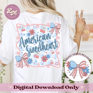 PNG con fidanzata americana, 4 luglio, fiocco civettuolo, design alla moda per maglietta, patriottico, 4OJ, pastello, design per maglietta femminile, png con design tascabile
