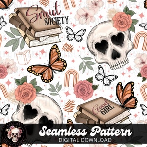 May include: A seamless pattern featuring a skull with heart-shaped eyes, stacks of books with the text "Smut Society" and "Good Girl", butterflies, roses, and abstract arches in shades of brown, pink, and white.