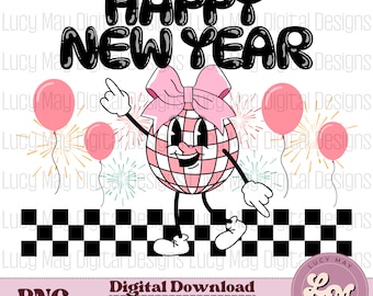 Retro Happy New Year PNG: Pink Disco Ball Design (Digital Download)