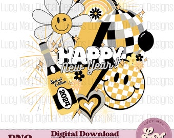 Retro New Year PNG: Groovy Smiley Face Sublimation Design (Digital Download)