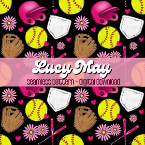 Könnte beinhalten: Ein nahtloses Muster mit rosa und braunen Softball-Ausrüstung, rosa Blumen und dem Text "Lucy May seamless pattern - digital download" auf schwarzem Hintergrund.