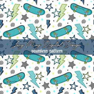 Skateboard Seamless Pattern PNG | Retro Digital Paper | Boy Fabric Design | Instant Download