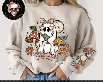 Cottagecore Ghost PNG: Moths, Mushrooms, Floral Sleeve (Digital Download)