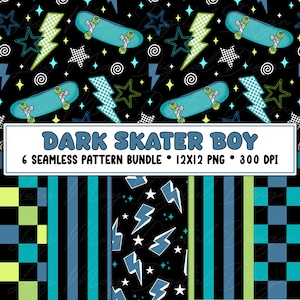 May include: A digital design featuring a seamless pattern with teal skateboards, lightning bolts, stars, and checkered elements on a black background. The design includes the text "DARK SKATER BOY" and "6 SEAMLESS PATTERN BUNDLE".
