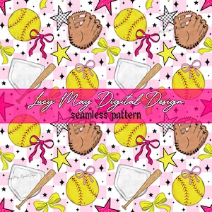 Puede incluir: Un patrón sin costuras con equipamiento de softbol y elementos decorativos. El diseño incluye pelotas de softbol amarillas con lazos rosas, guantes marrones, bates blancos y marrones, y estrellas sobre un fondo rosa y blanco. También está presente el texto "Lucy May Digital Design seamless pattern".