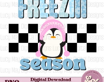 Freezin Season Penguin PNG: Checkerboard Winter Design (Digital Download)