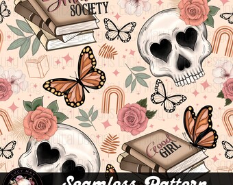 Boho Floral Skull Seamless Pattern: Edgy Fabric Design (Digital Download)