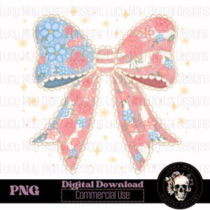 Puede incluir: Ilustración digital de un lazo decorativo con un diseño floral azul y rosa. El lazo está adornado con rosas y otras flores, con un borde festoneado. La imagen incluye el texto "Digital Download Commercial Use".