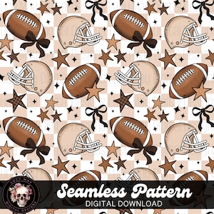 May include: Seamless digital pattern featuring footballs, helmets, stars, and bows in shades of brown and tan. The design includes a checkered background and the text "Seamless Pattern DIGITAL DOWNLOAD".