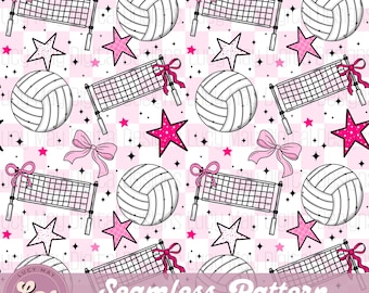 Volleyball Seamless Pattern, Pink Bows, Checker Print (Digital Download)