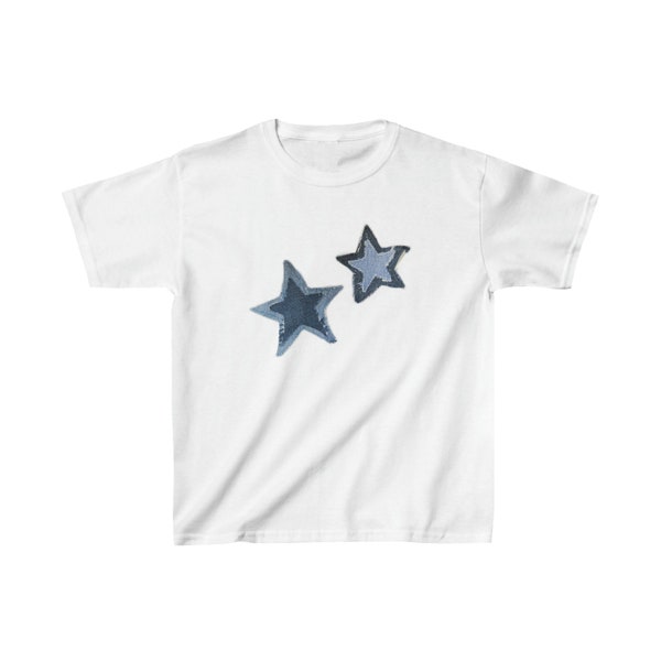 Estrellas azules y2k Baby Tee / Camiseta de dos estrellas de mezclilla / Camisa unisex de algodón ligero / Fabricación sostenible, vacaciones de primavera