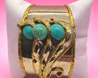 Modernist Brutalist Mixed Metal Turquoise Cuff