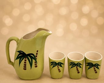 Mid-Century Tropical Tiki Pitcher & Tumbler Set