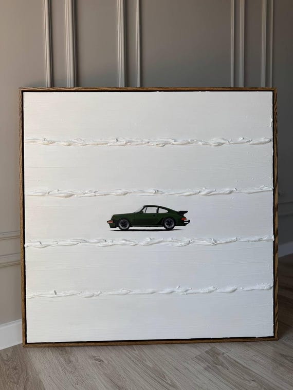 Original painting Green Porsche Wall Art – Modern Textured Painting with Classic Car – Custom Car Artwork on Canvas , Gift for Car Lover
