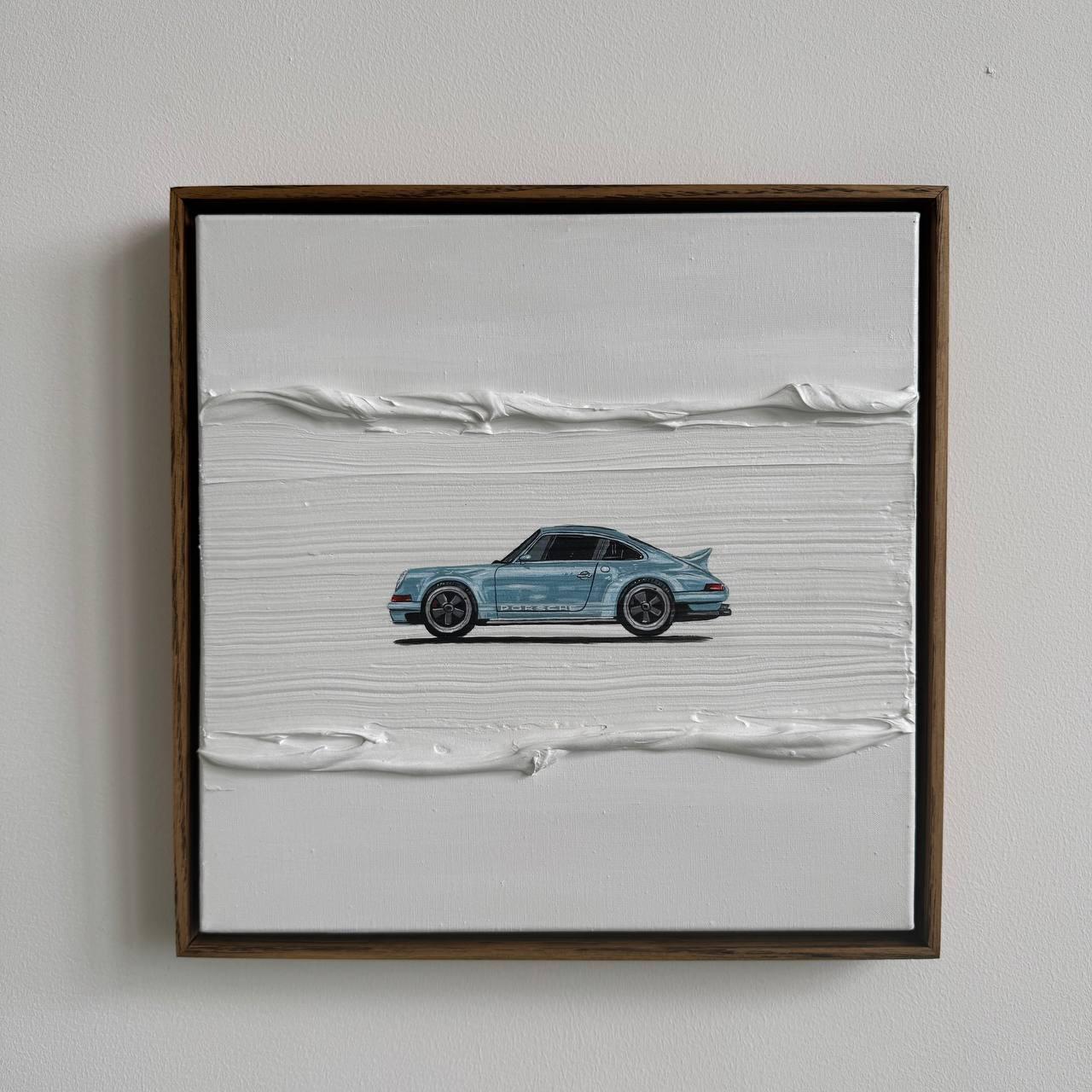 Minimalist Porsche Wall Art – Blue Porsche 911 Print on Textured White Canvas | Classic Car Painting for Car Lovers, Modern Auto Art Decor
