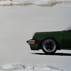 K&ouml;nnte beinhalten: Ein gr&uuml;nes Auto mit einem schwarzen Rad und einem wei&szlig;en Hintergrund. Das Auto ist in einem realistischen Stil gemalt.