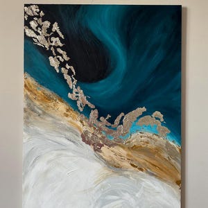 Original acrylic painting Handmade Textured Art | Teal Gold Abstract