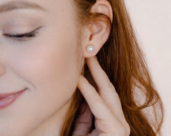 Sterling Silver Freshwater Pearl Stud Earrings, Wedding Jewelry, Gold Plated, Hypoallergenic Jewelry Gift for Women