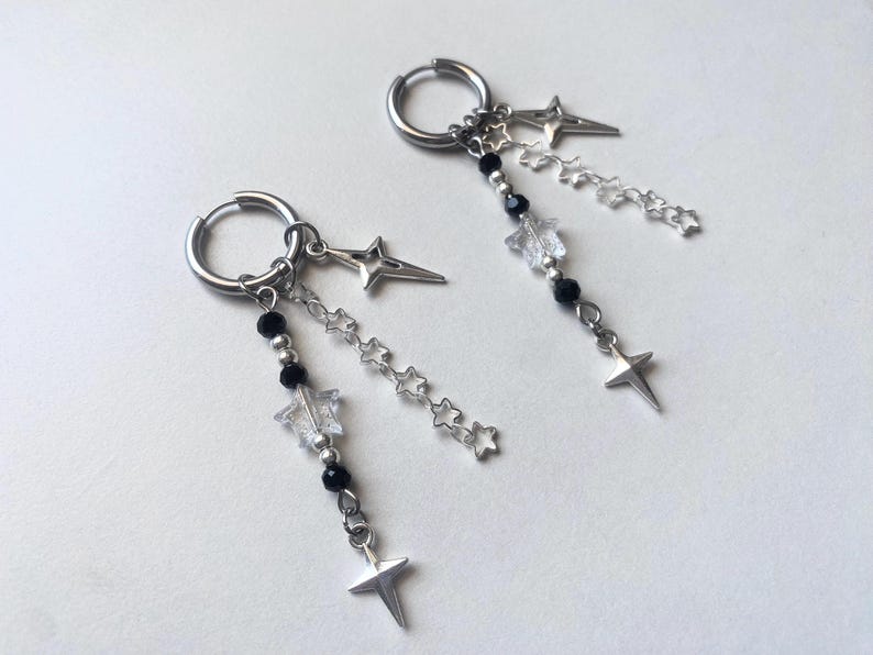 NEBULA DRIFT - Goth Star Dangle Hoop Earrings, Layered Celestial Chains ...