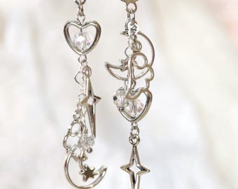 VESPER HEART - Mismatched Star and Moon Earrings, Stainless Steel Celestial Jewelry, Hypoallergenic Whimsigoth Dangle Earrings| HGH Handmade