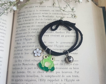 Unique Frog Bracelet, Cute Froggy with Sakura Blossom Charm, Handmade Accessory Gift For Her Gift For Him