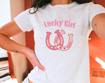 Lucky Girl Baby Tee, Western Cowgirl Baby Tee, Coquette Horseshoe 2000s Clothing, Country Concerts Apparel or Rodeo, Gift for Bestfriend