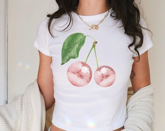 Cherry Discoball Baby Tee, Coquette Discoball BabyTee, Pink Cutecore y2k babytee, Fruits BabyTee, Gift for Bestfriend