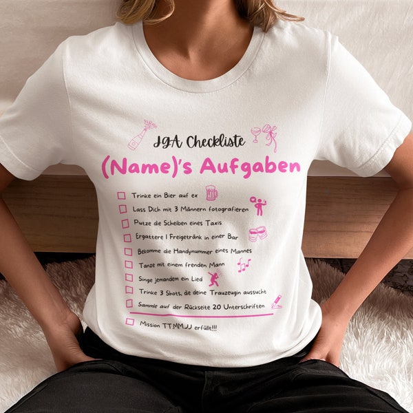 Personalisiertes T-Shirt Frauen, Junggesellinnenabschied, JGA, Braut Aufgaben, Trauzeugin, Geschenk Bachelorette Party