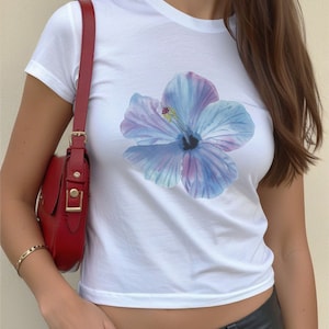 Blue Hibiscus Tropical Flower Baby Tee Vintage Y2k, 90s Style, Clothing Y2K Clothing Coconut Girl Aesthetic