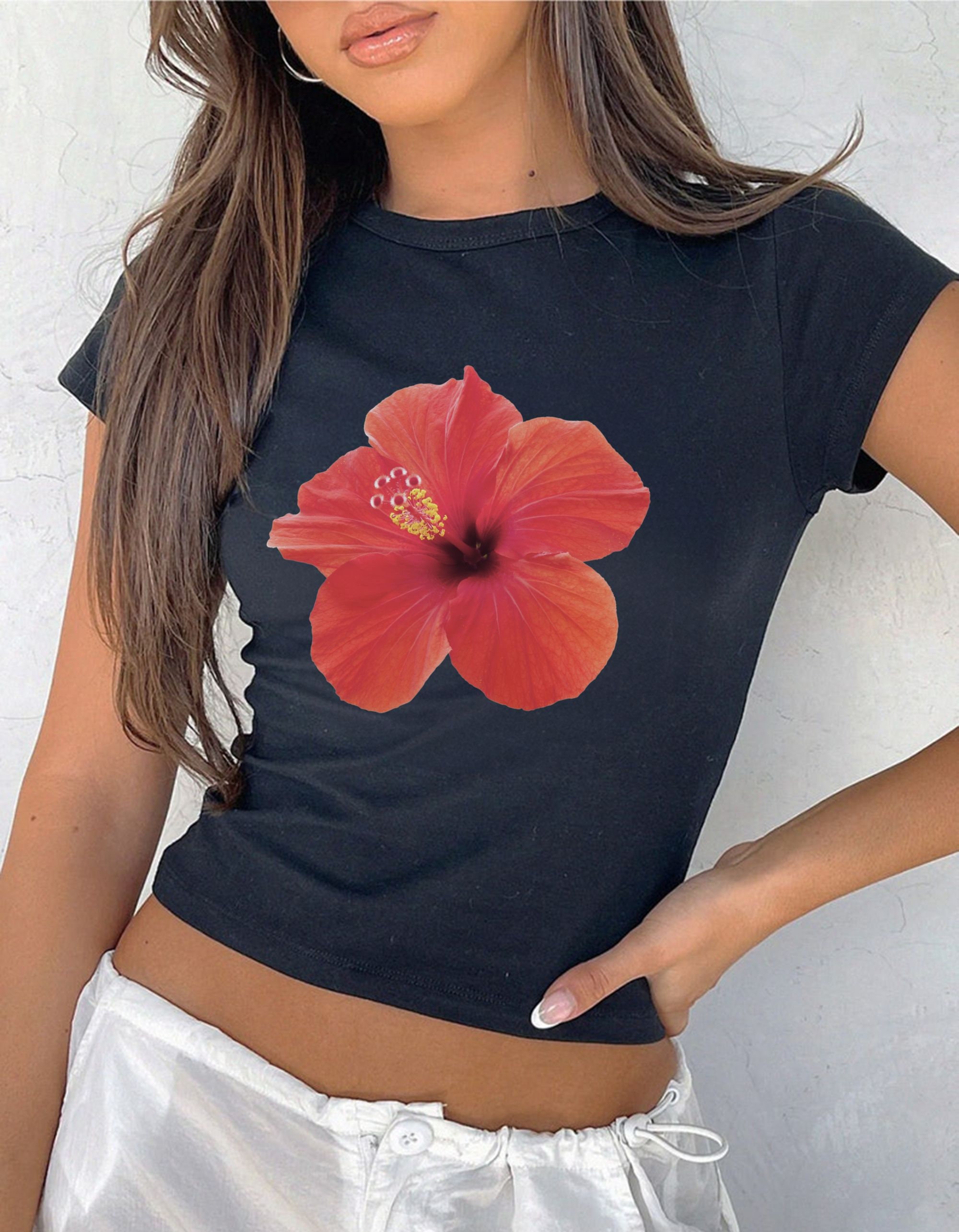 Red Hibiscus Flower 90s Baby Tee, Aesthetic Y2K Summer 90s T